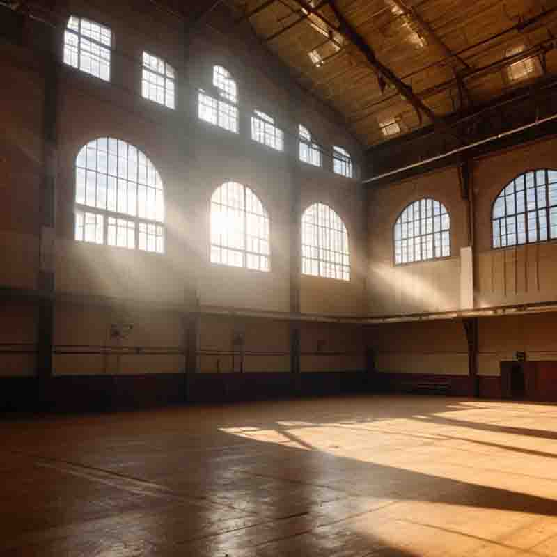 An empty German American gymnasium with sunlight streaming through the windows.