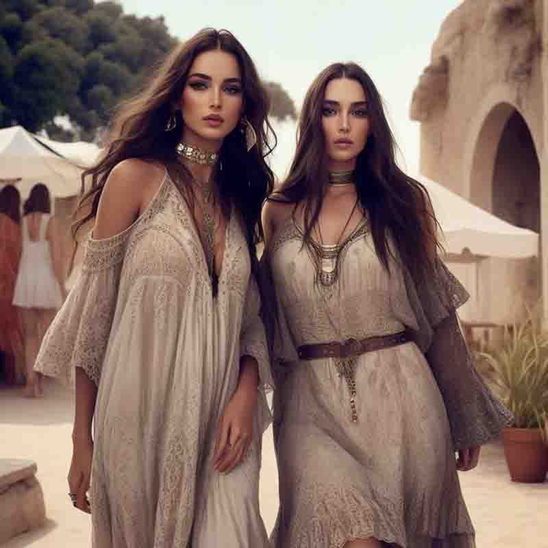 Two Ibiza Boho models in bohemian style clothing, featuring long flowing dresses in neutral colors with intricate patterns, and statement jewelry. The background has a Mediterranean feel with white-washed walls and arches.