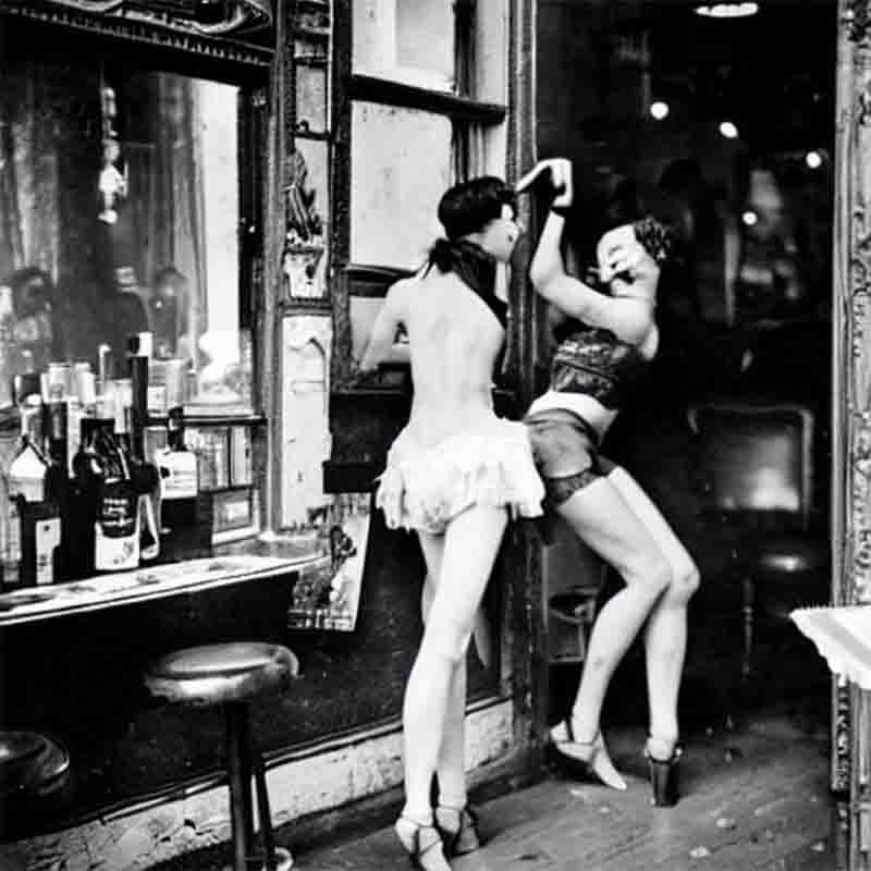 Two scantily dressed ladies dancing in a Parisian bar