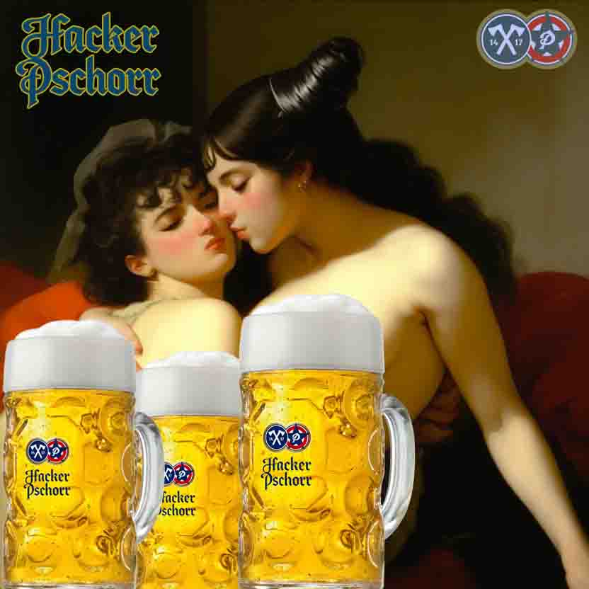 Painting of two sensual beauties decorated with Hacker Pschorr beer glasses together with the Hacker Pschorr company logo