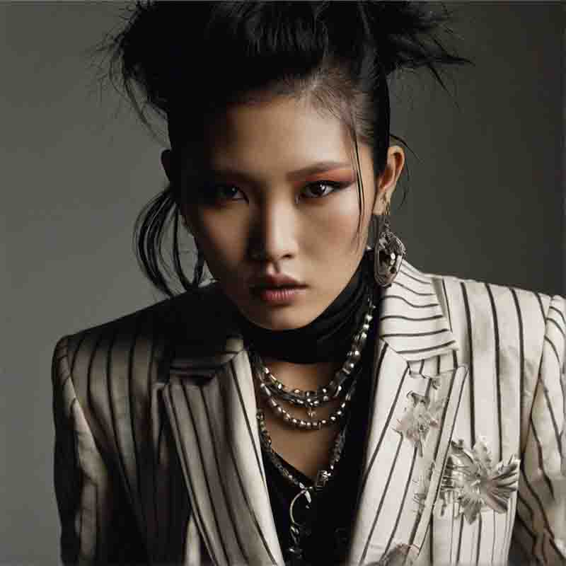 A stylish Asian Punk woman wearing a black and white striped blazer and a fashionable necklace.