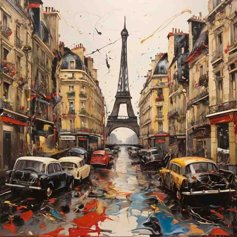 An artistic depiction of the Eiffel Tower in Paris, showcasing the famous monument in a vibrant setting.