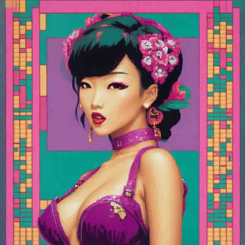 Vibrant pixel art painting of an Aisian woman adorned in flowers of purple and pink.