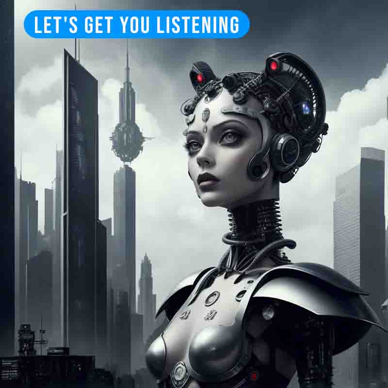 Woman in a sleek, futuristic cityscape is highlighted with the words -let's get you listening-, symbolizing the likewolf web stream audio player