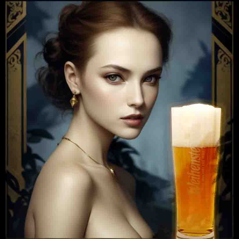 An elegant sensual lady gracefully posing with a glass of Weihenstephaner Beer. She is relishing a moment of relaxation and indulgence in a trendy setting.