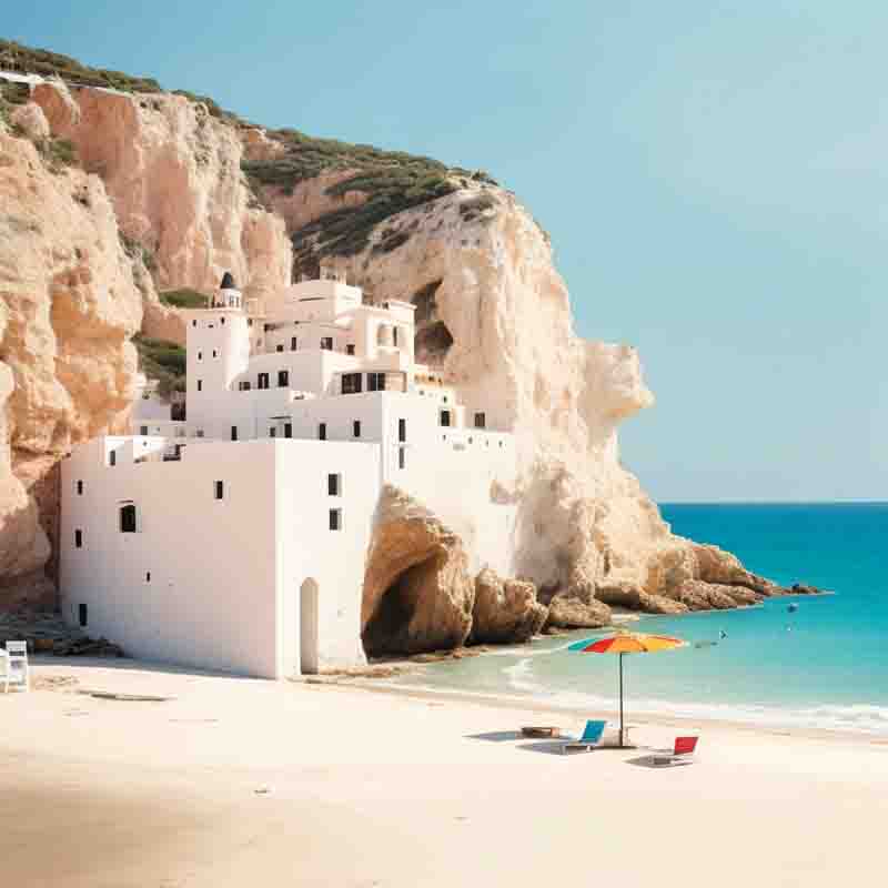 Fine art image of a white Ibiza house sitting on a cliff overlooking a beach. The beach is sandy and has two chairs and an umbrella. The sky is blue and there are a few clouds.