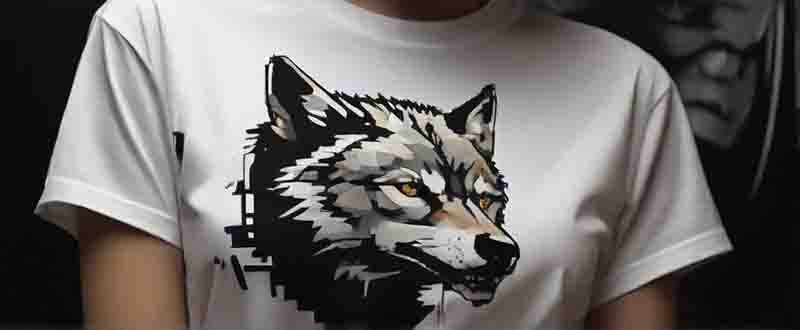 Woman in white striking likewolf design t-shirt.