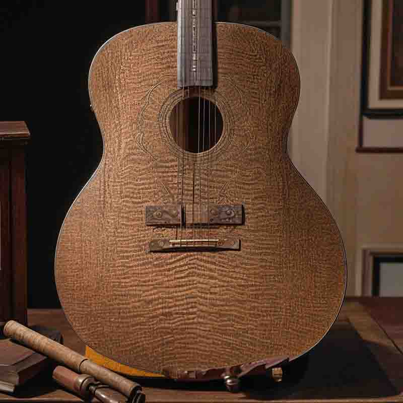 Wooden dreadnought-style acoustic guitar with a natural finish sitting on top of a simple wooden table. The guitar is sitting in the center of the table, with the headstock facing the viewer.