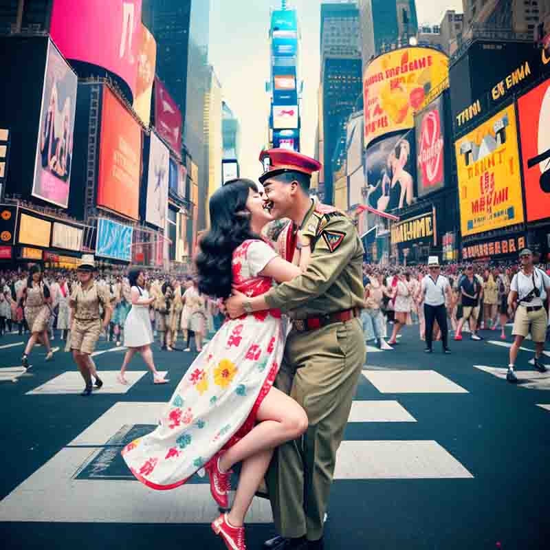 Chinese couple in military uniforms sharing a passionate kiss in the iconic Times Square.